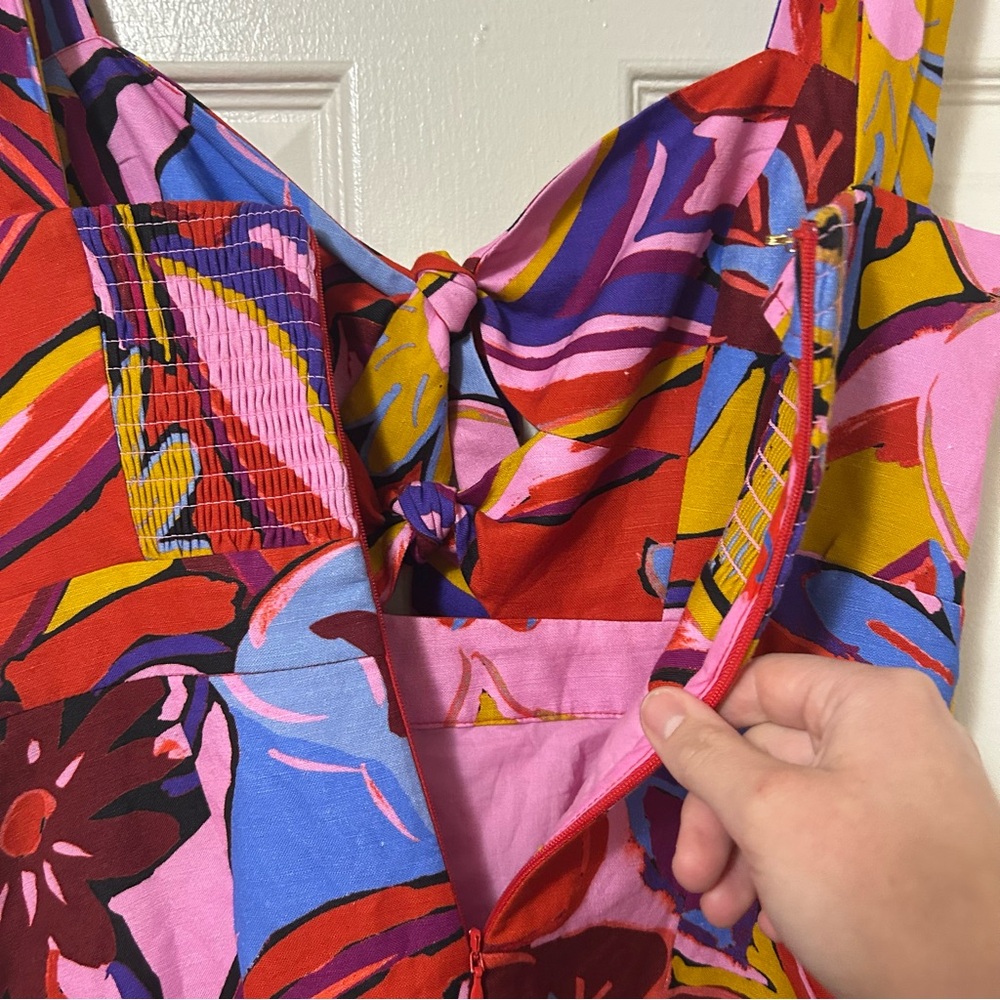 REBECCA VALLANCE Positano Tie-front Printed Linenblend Mini Dress in Pink Size 4 - Picture 10 of 13